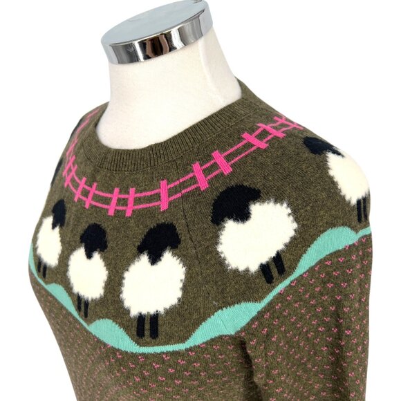 Talbots Sheep Yoke Raglan Crewneck Pullover Green Pink Size Small Petite - Picture 3 of 11